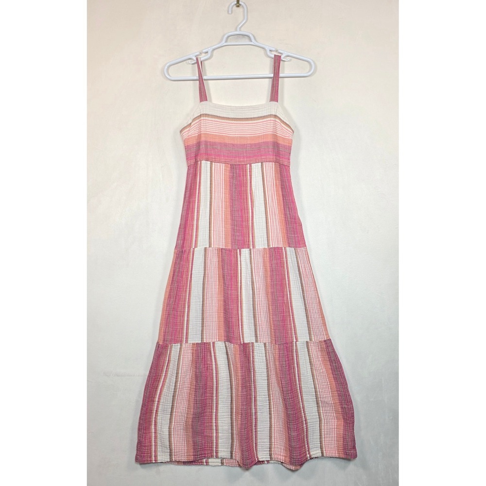 Faherty Sarah Tiered Maxi Dress Womens M Pink Coastal Boho Festival Oia Stripe - Picture 2 of 16